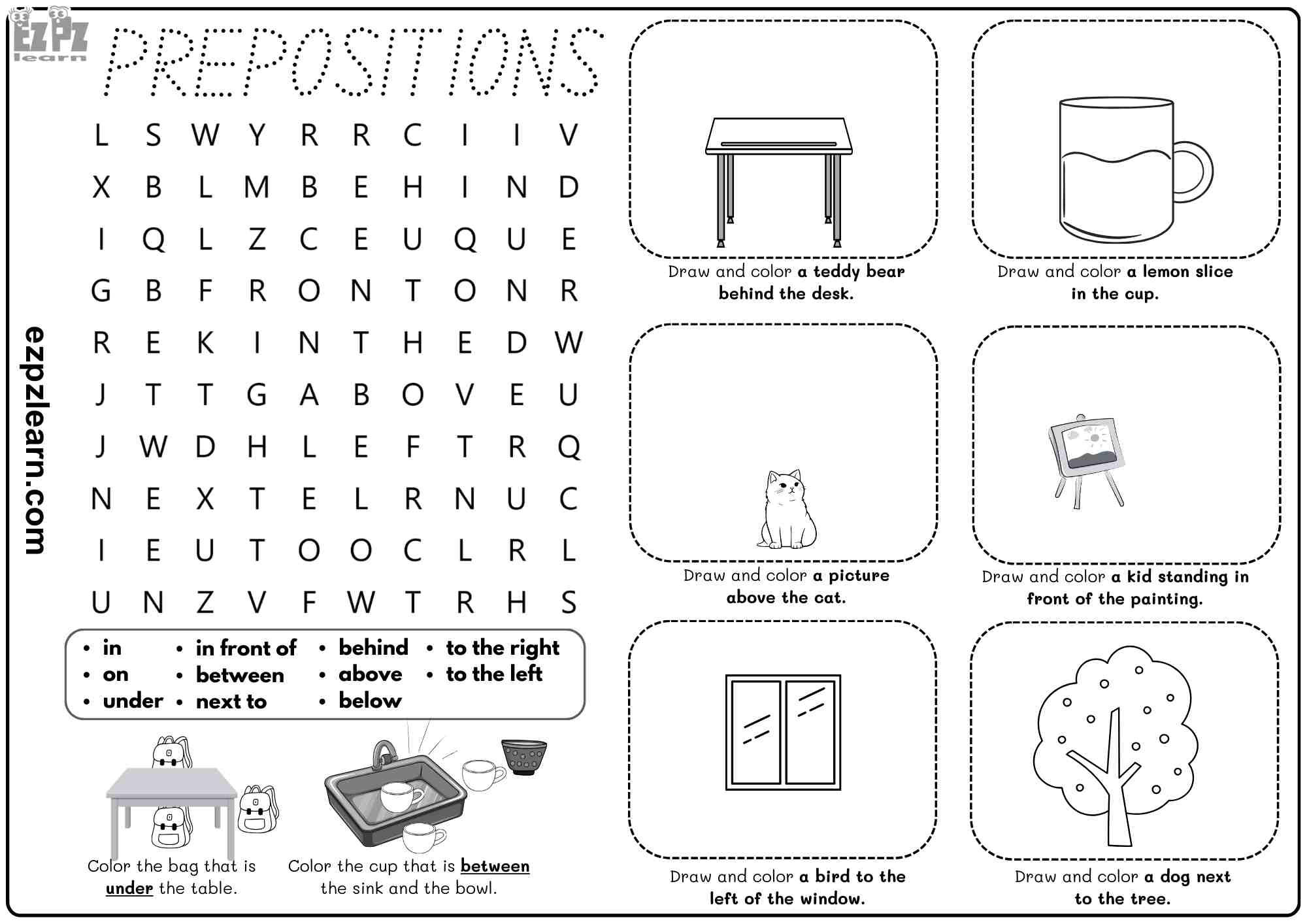 Prepositions Vocabulary For Kids. Includes: Word Search, Coloring and Drawing Activities. Free PDF Download
